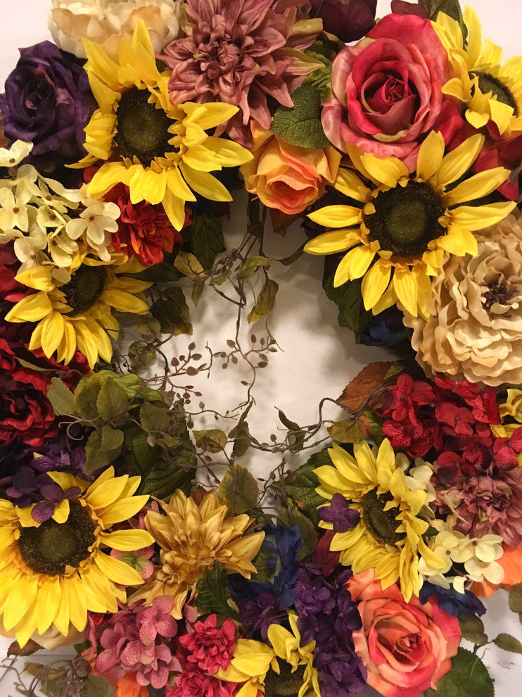 Fall Sunflower Wreath All Season Peony Hydrangea Rose Rust Gold Orange Purple