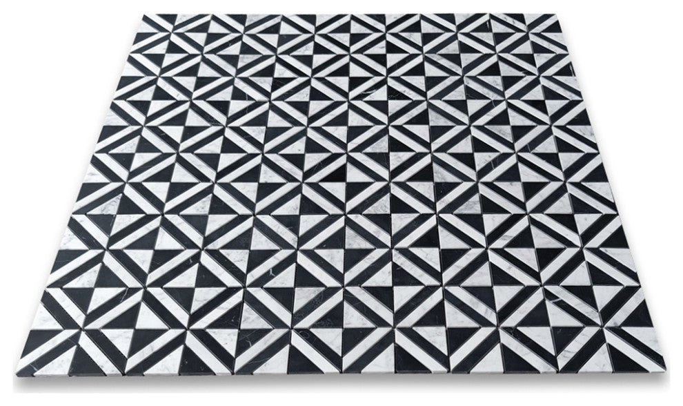 Carrara White Marble Striped Square Maze Mosaic Tile Marquina Black, 1 sheet