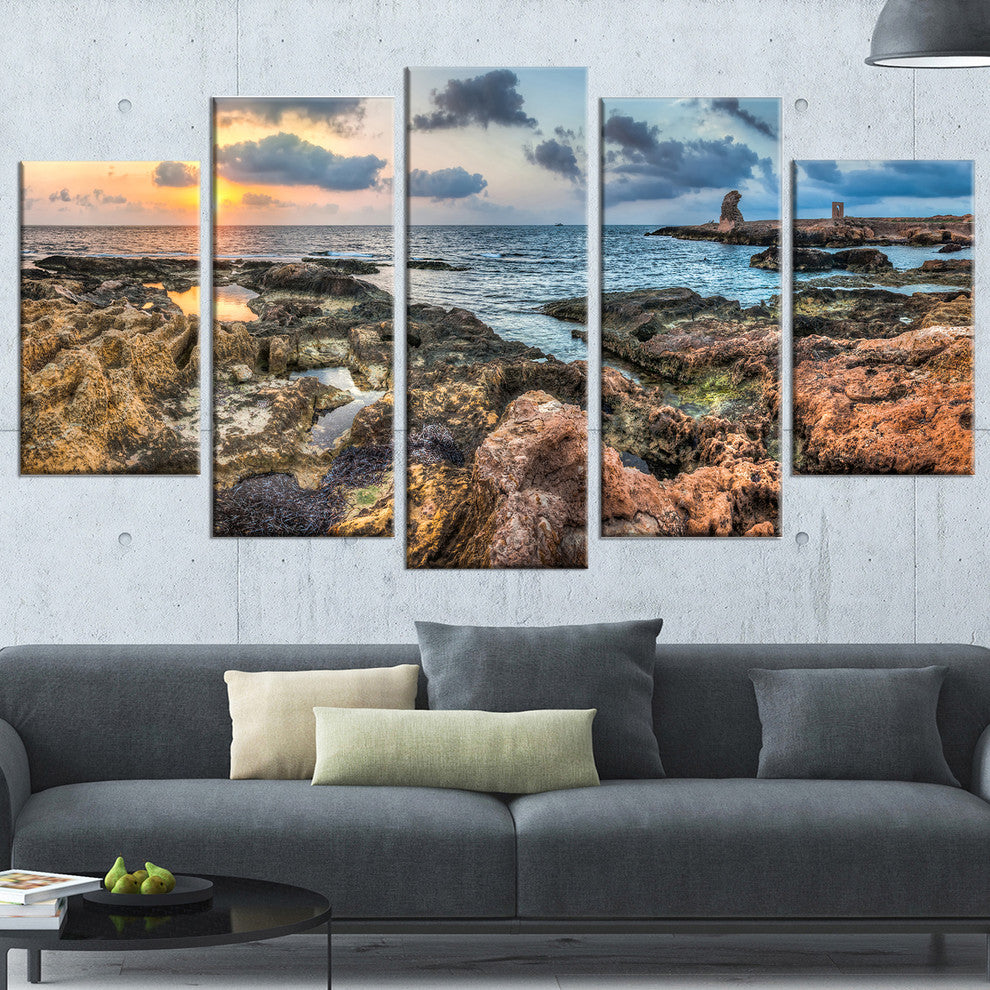 "Rocky Blue Seashore Sunset" Seashore Canvas Art, 60"x32", 5-Panels