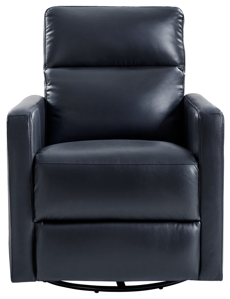 Genuine Leather Swivel Rocker Recliner With Adjustable Headrest, Navy