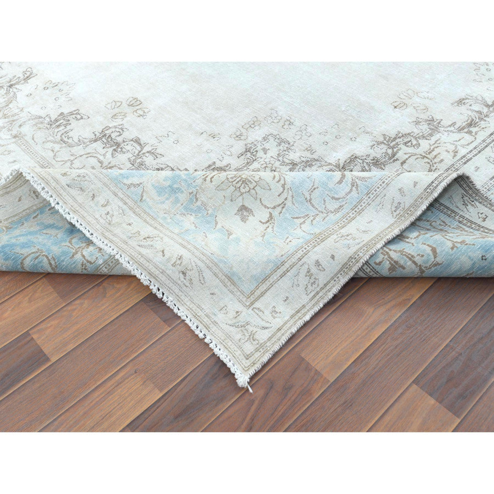 Vintage Persian Kerman Worn Wool Hand Knotted Ivory Oriental Rug  9'1" x 13'4"