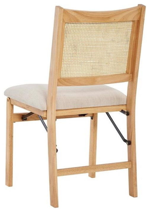 Linon Lorna Folding Side Chair Woven Cane Back Beige Padded Seat in Natural Wood