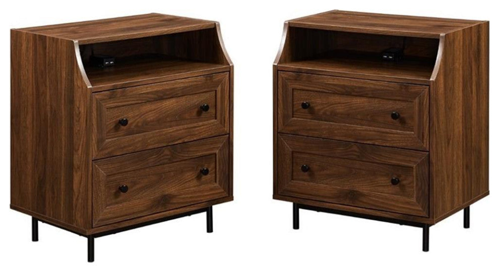 Pemberly Row 2-Drawer Bedroom Nightstand with USB in Dark Walnut (Set of 2)