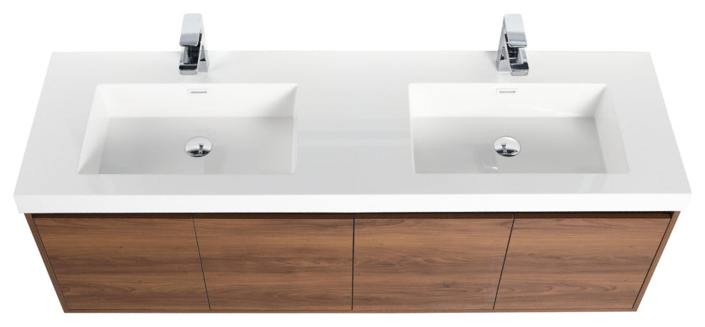Wall Mounted Bathroom Vanity, Brown Walnut, 60'' W/ Double Sink