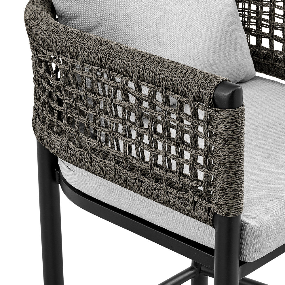 Felicia Patio Stool, Metal With Gray Rope and Cushions, Black, Counter Height