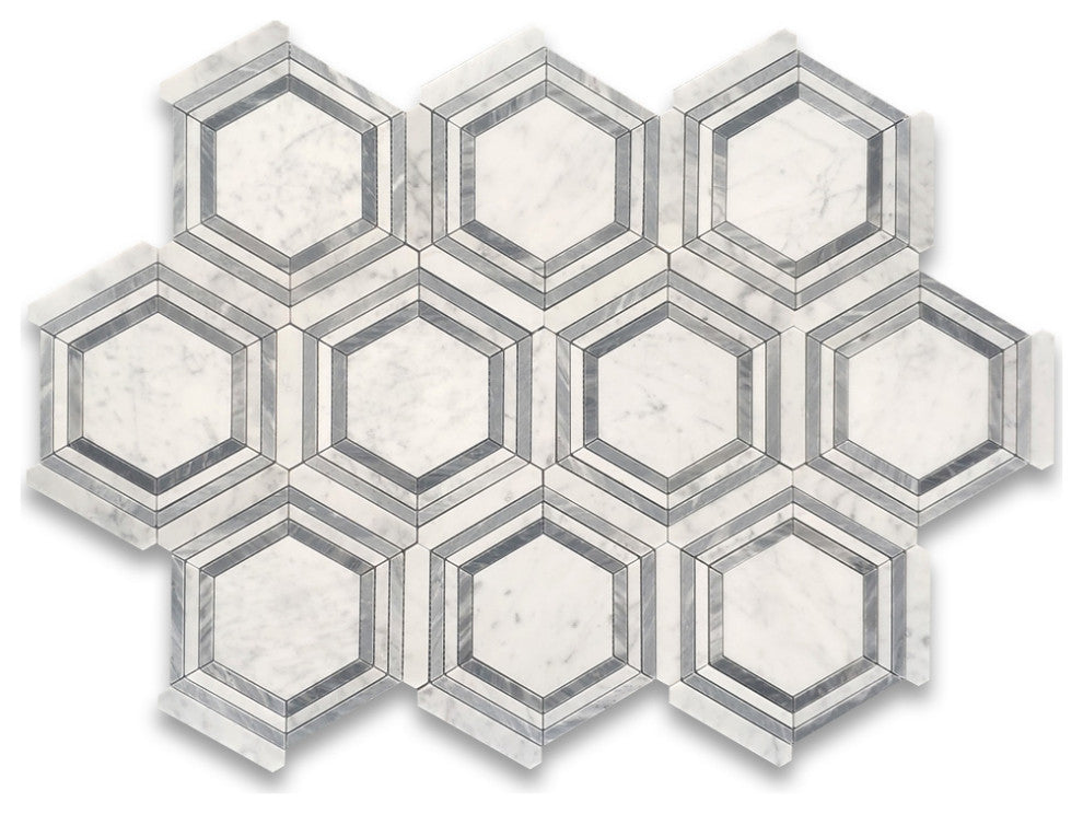 Carrara White Marble 5 Hexagon Georama Geometric Gray Strip Frame Tile, 1 sheet