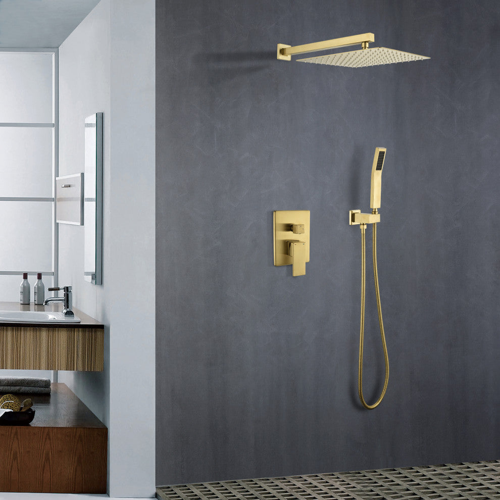Wellfor Shower Faucet with Rain Shower Head, Handheld Shower and Valve, Brushed Gold, 10" Shower Head