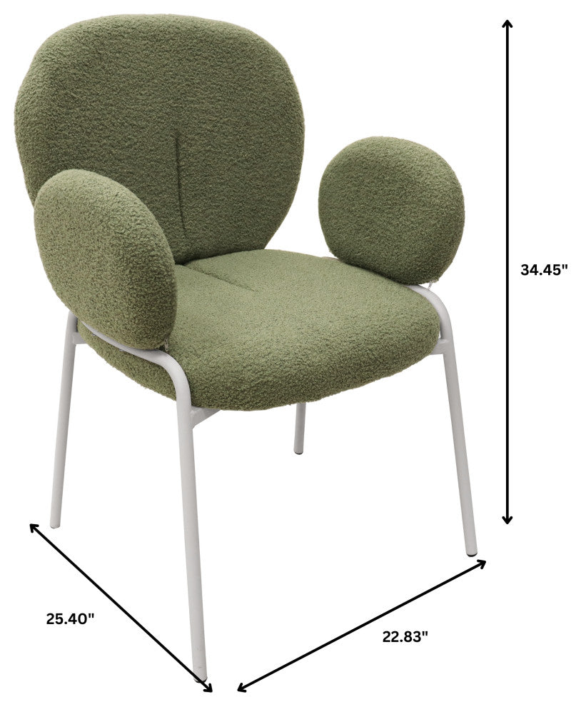 Celestial Boucle Dining Chairs With Arms, White Iron Legs, Green
