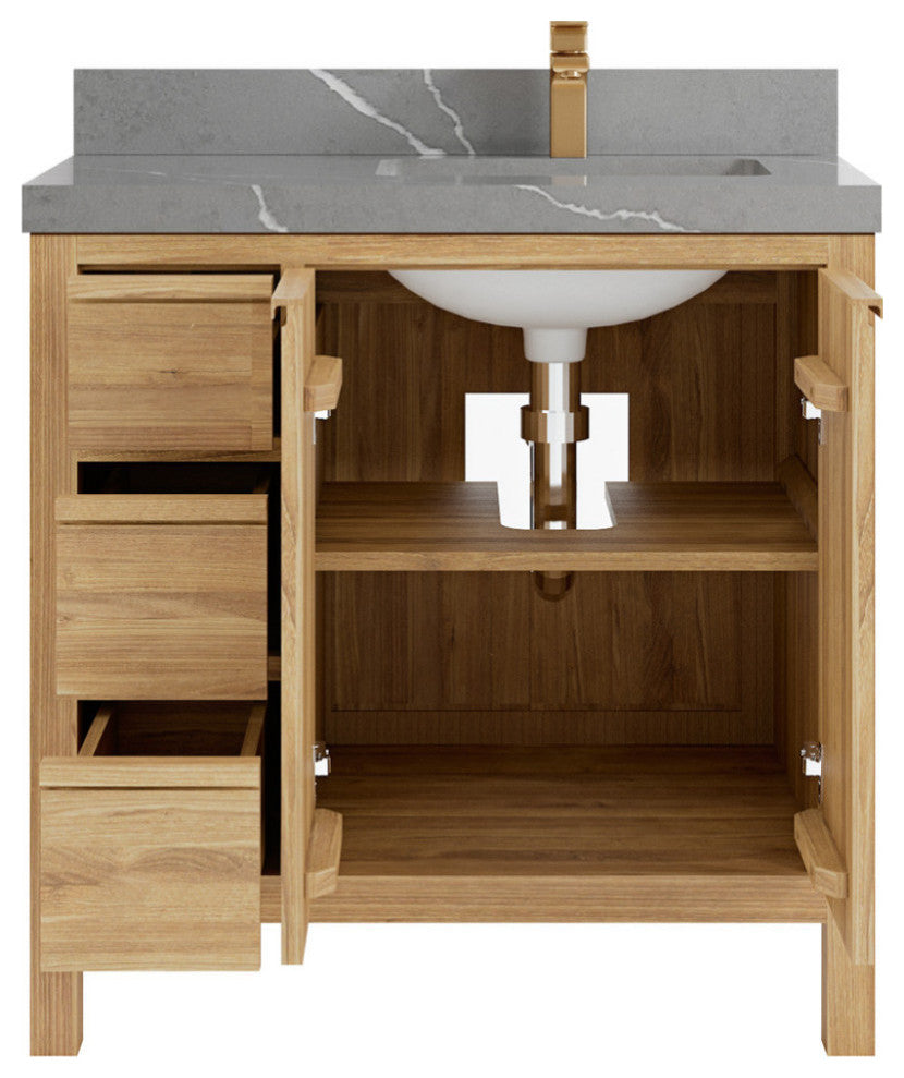Elizabeth 36 Right Offset Bath Vanity in Light Natural Teak 2" Piatra Gray