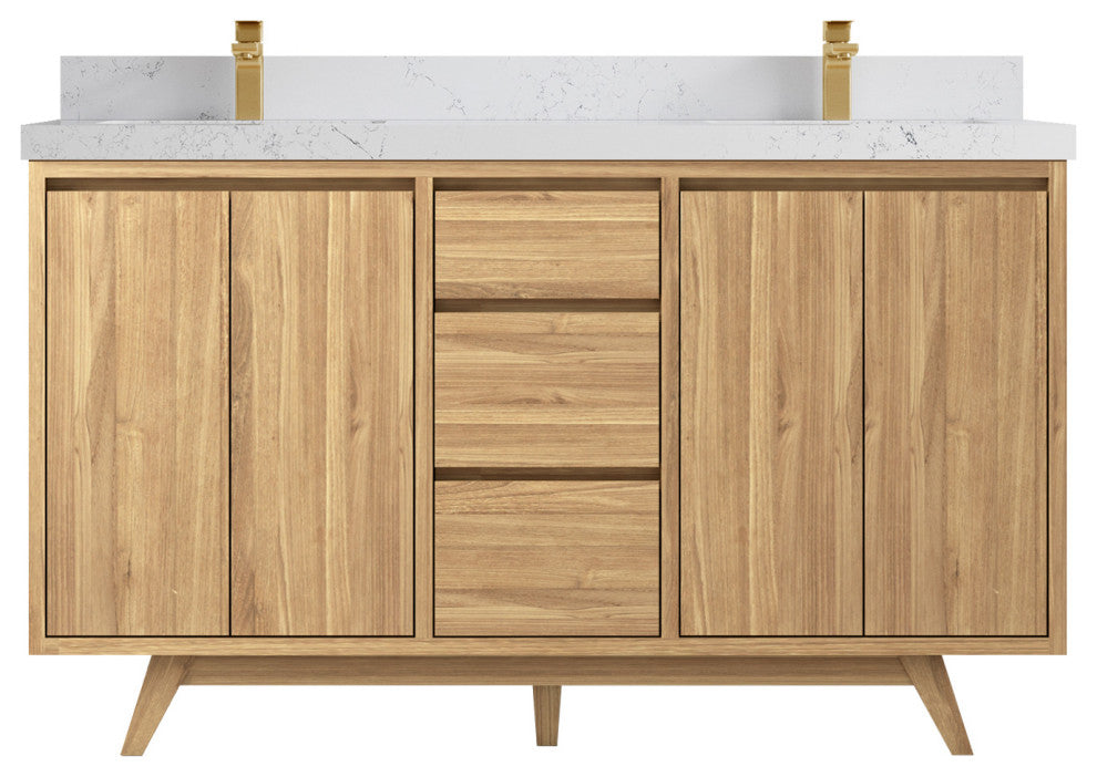 Madison Teak 60 Double Bathroom Vanity in Light Natural 2" Empira Quartz