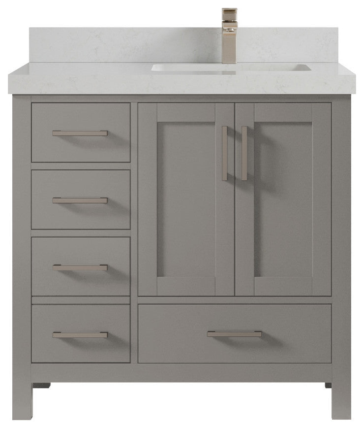 Malibu 36 Right Offset Bath Vanity in Elephant Skin Gray 2" Carrara Quartz