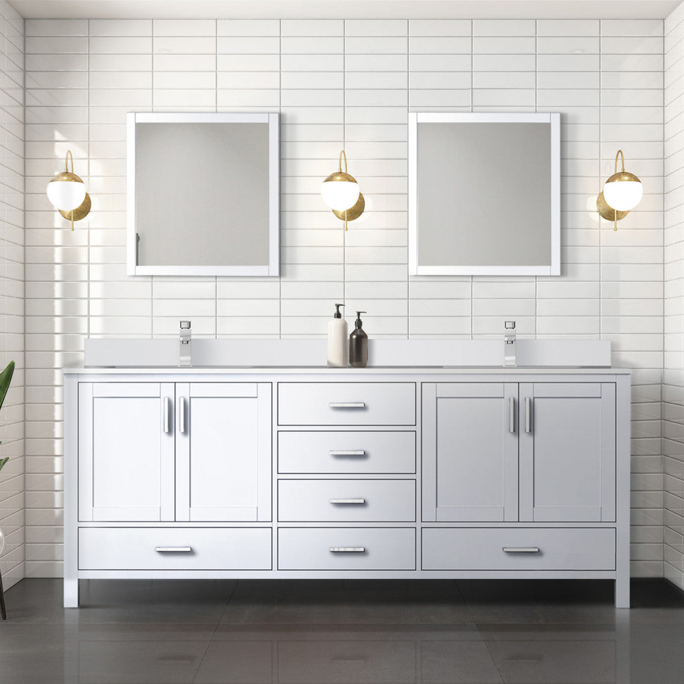 Jacques 80" White Double Sink Vanity with Quartz Top, With Faucet and Mirror