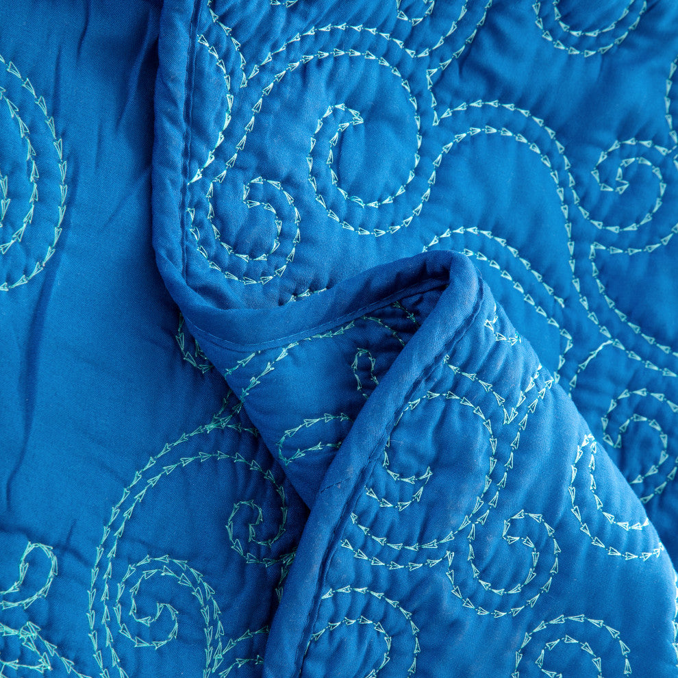 Damask Embroidered Quilted 4 Piece Bed Spread Sets, Palace Blue, Queen