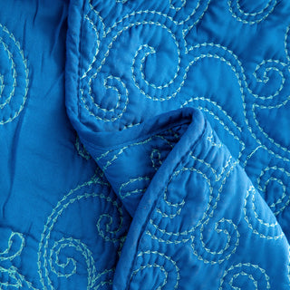 Damask Embroidered Quilted 4 Piece Bed Spread Sets, Palace Blue, Queen