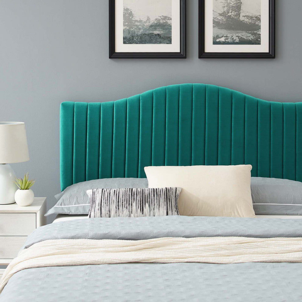 Tufted Platform Bed Frame, King Size, Velvet, Teal Blue, Modern Contemporary