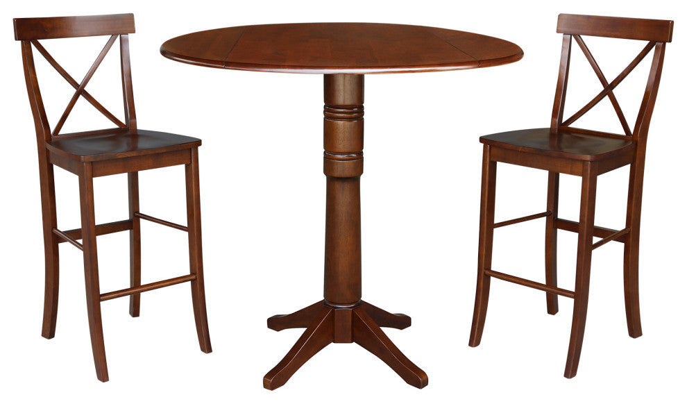42" Round Pedestal Bar Height Table with Two Bar Height Stools, Espresso