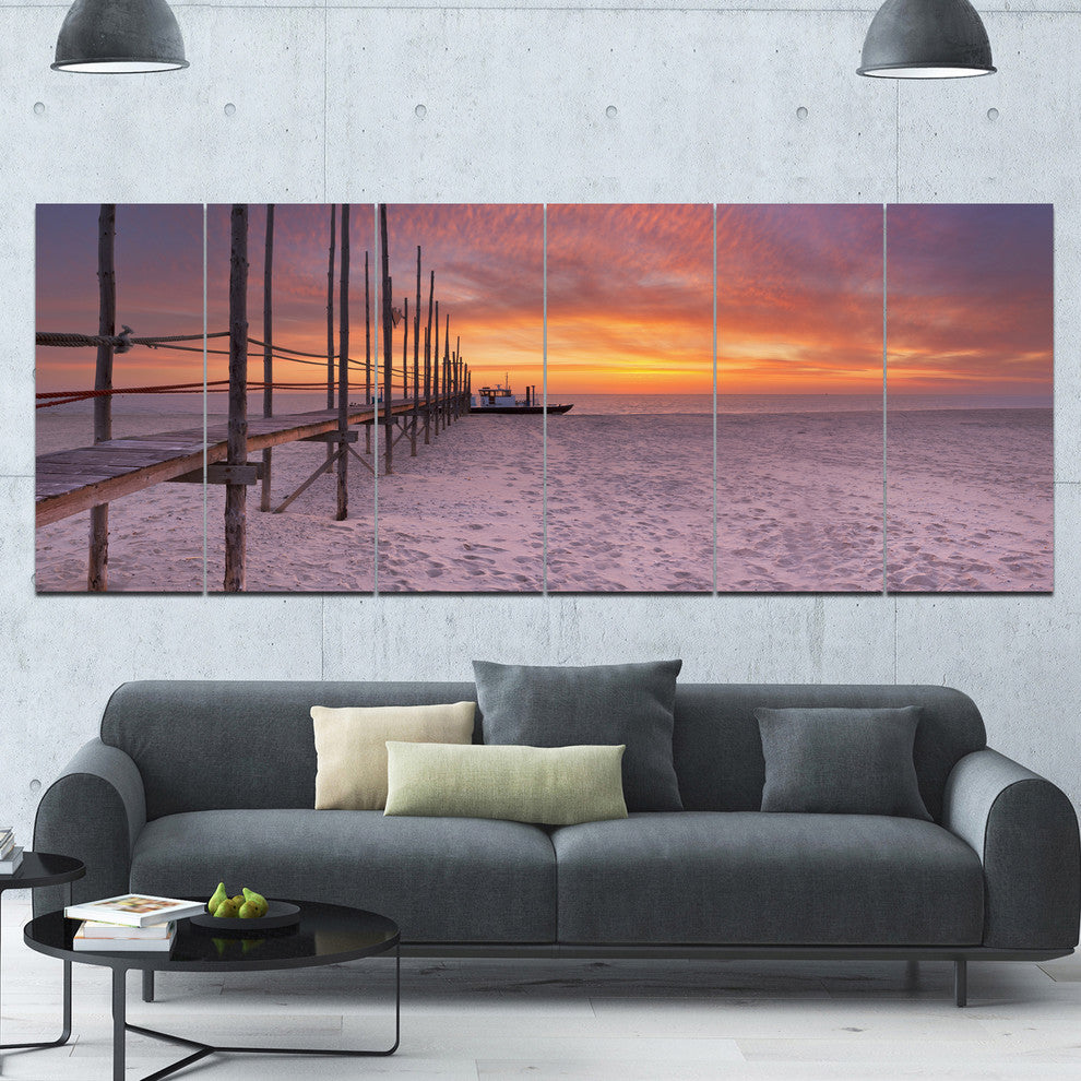 Texel Island Seaside Jetty Panorama, Seashore Canvas Wall Art, 70"x28", 6 Panels