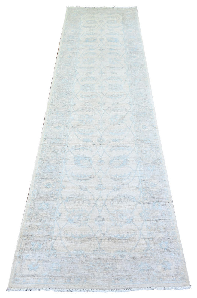 Ivory Wool Hand Knotted Washed Out Runner Peshawar Oriental Rug  2'7"x9'11"
