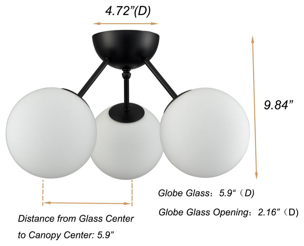 Modern Globe Semi Flush Mount Ceiling Light Sputnik Chandeliers, Black, 3-Light