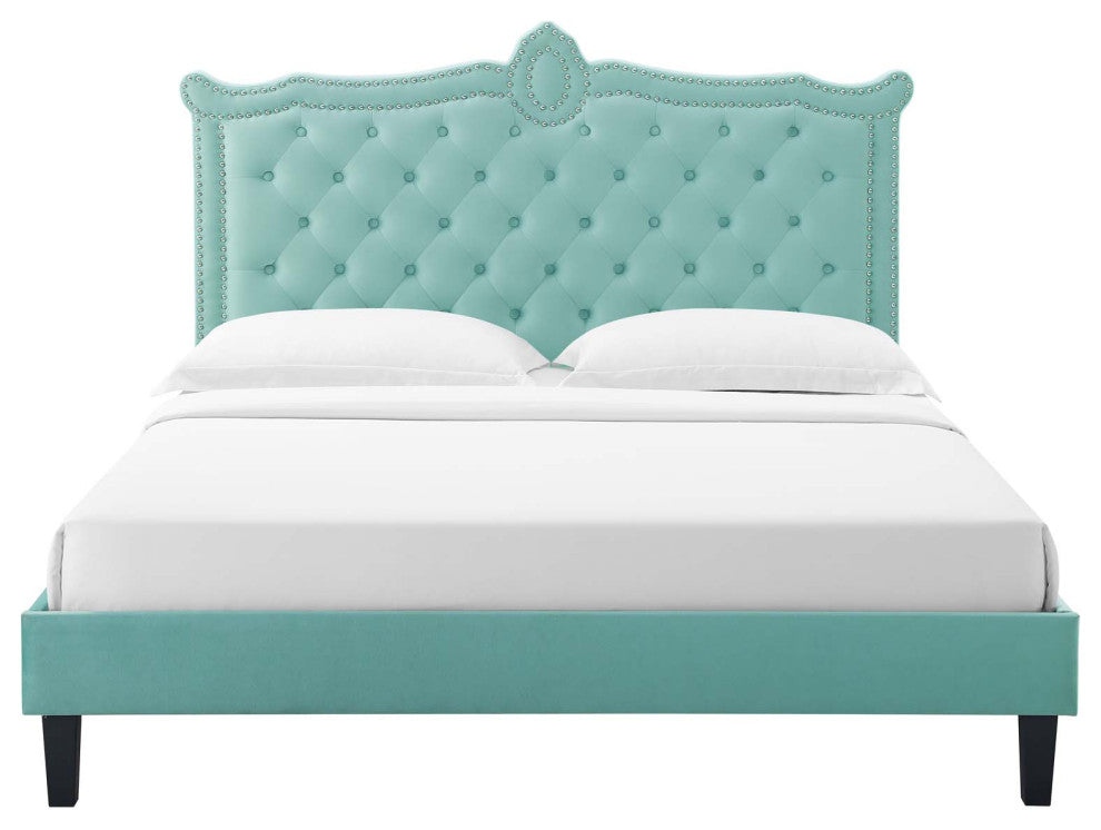 Platform Bed Frame, Nailhead, Queen Size, Blue, Velvet, Modern, Guest Suite