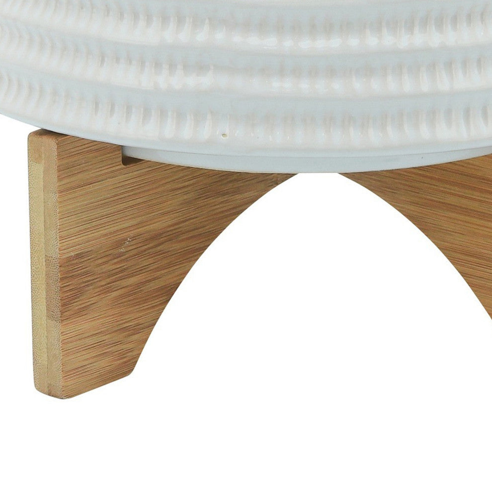 Ceramic Planter with Textured Pattern and Wooden Stand, White