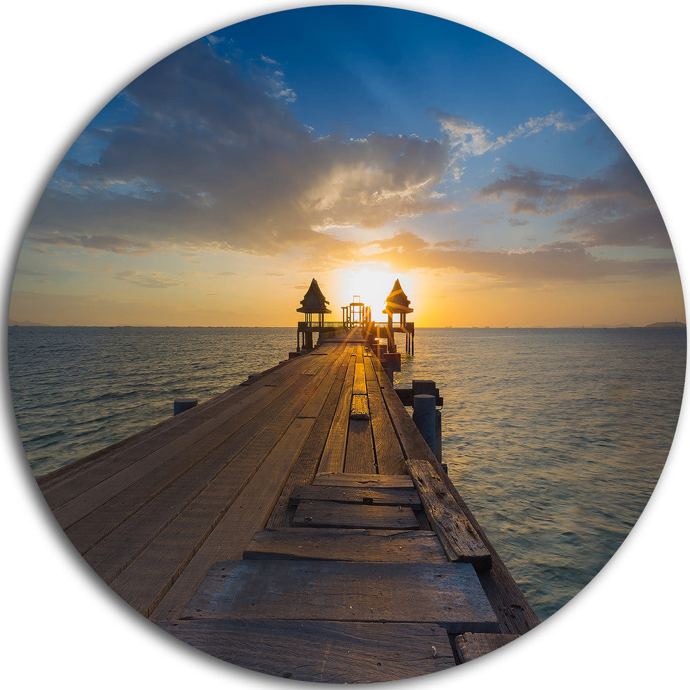 Huge Wooden Pier Into Setting Sun, Seascape Round Metal Wall Art, 11"