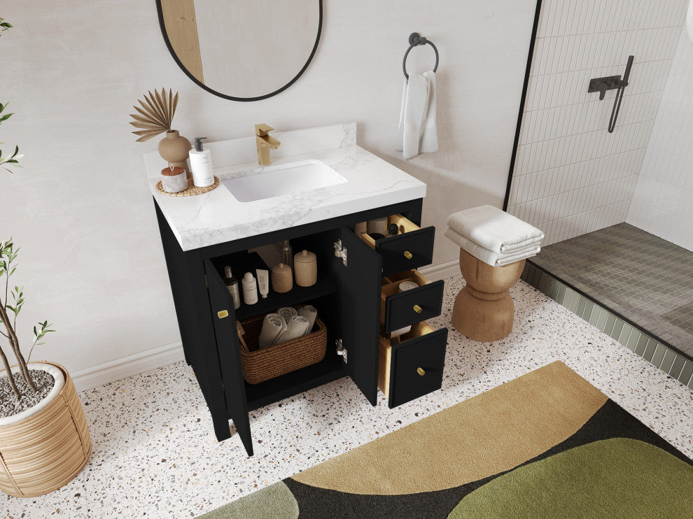 Chicago 36" Center Sink Bathroom Vanity, Black 2" Viola Night