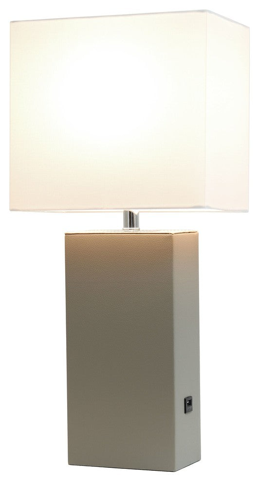 Elegant Designs Modern Leather Table Lamp With Usb and White Shade, Gray