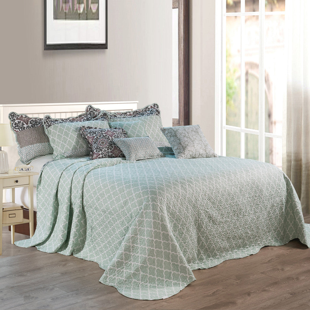 Royal Scroll 9-Piece Bedspread Set, Teal, Oversized King, 122"x106"