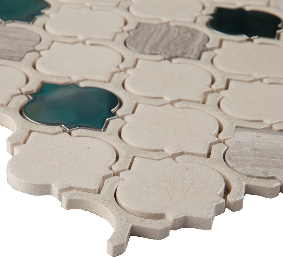 12"x11"Crackled Glass, Stone and Metal Mosaic Tile, Chrome, Arabesque, Sample