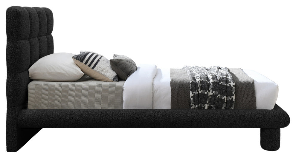 Deco Boucle Fabric Upholstered Full Bed, Black, Twin