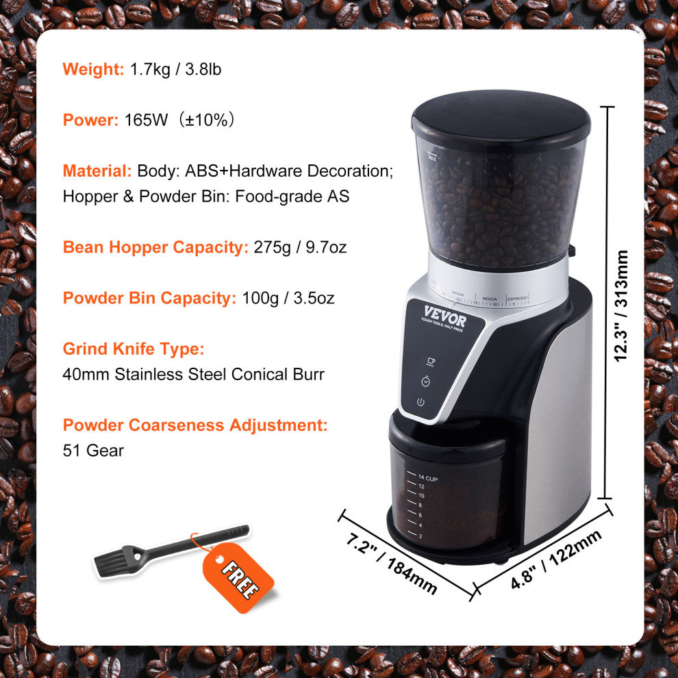VEVOR Coffee Grinder 14 Cups Electric Burr Mill 40MM Conical Burrs for Espresso