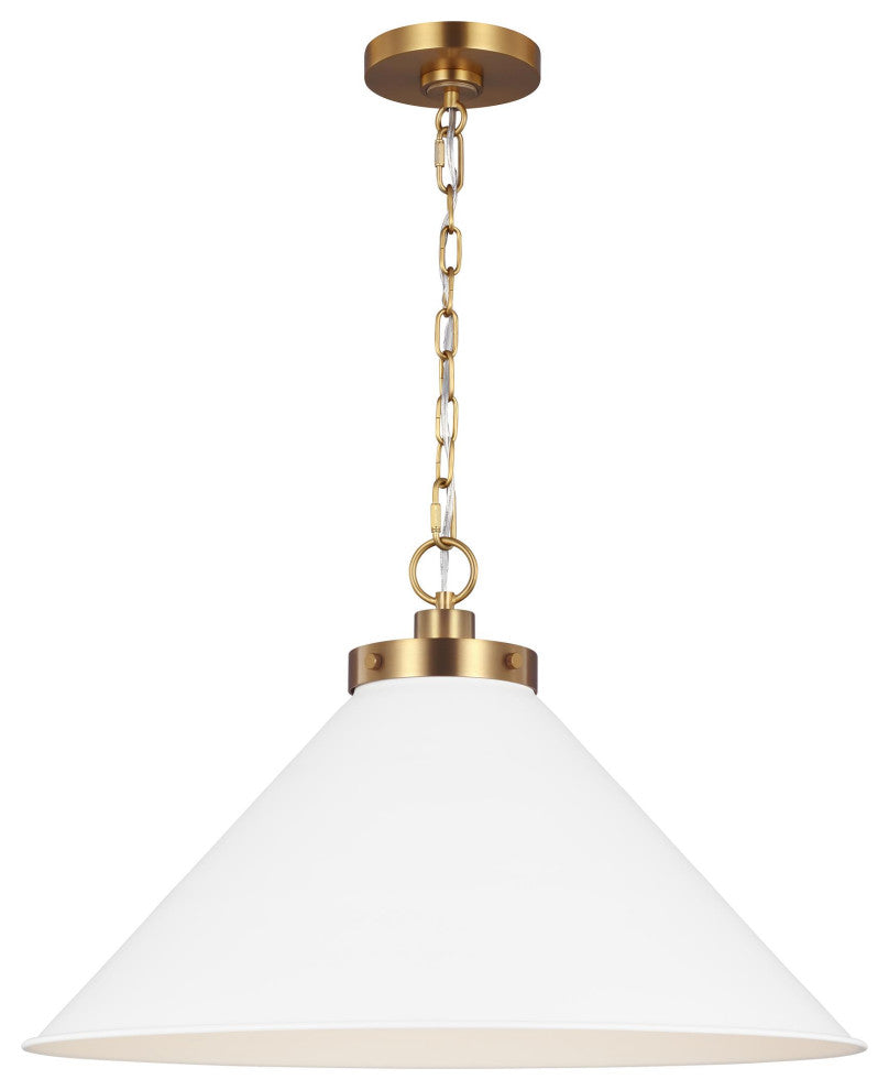 Wellfleet Wide Cone Pendant, Matte White and Burnished Brass