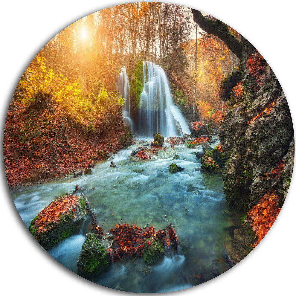 Fast Flowing Fall River In Forest, Landscape Disc Metal Wall Art, 23"