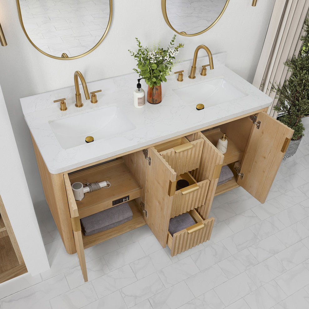 Vinnova Cadiz Bath Vanity, Composite Stone Top, Washed Ash Grey, 60", No Mirror