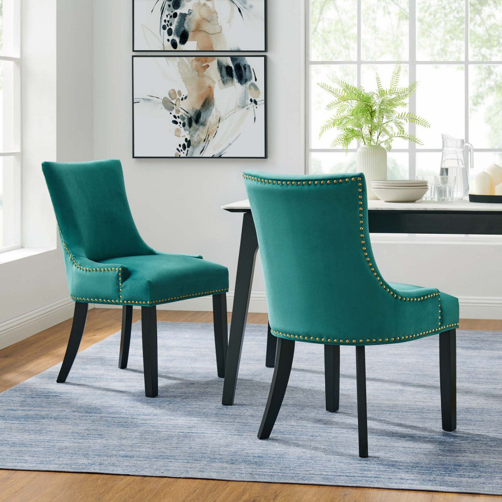 Dining Chair, Nailhead, Set of 2, Teal Blue, Velvet, Modern, Bistro Hospitality