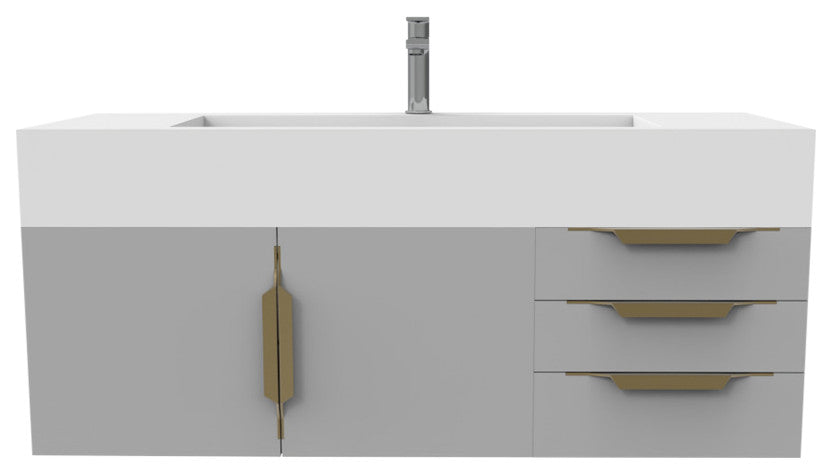 CastelloUSA Nile 48" Wall Mounted Vanity Set, Gray, White Top, Gold Handles