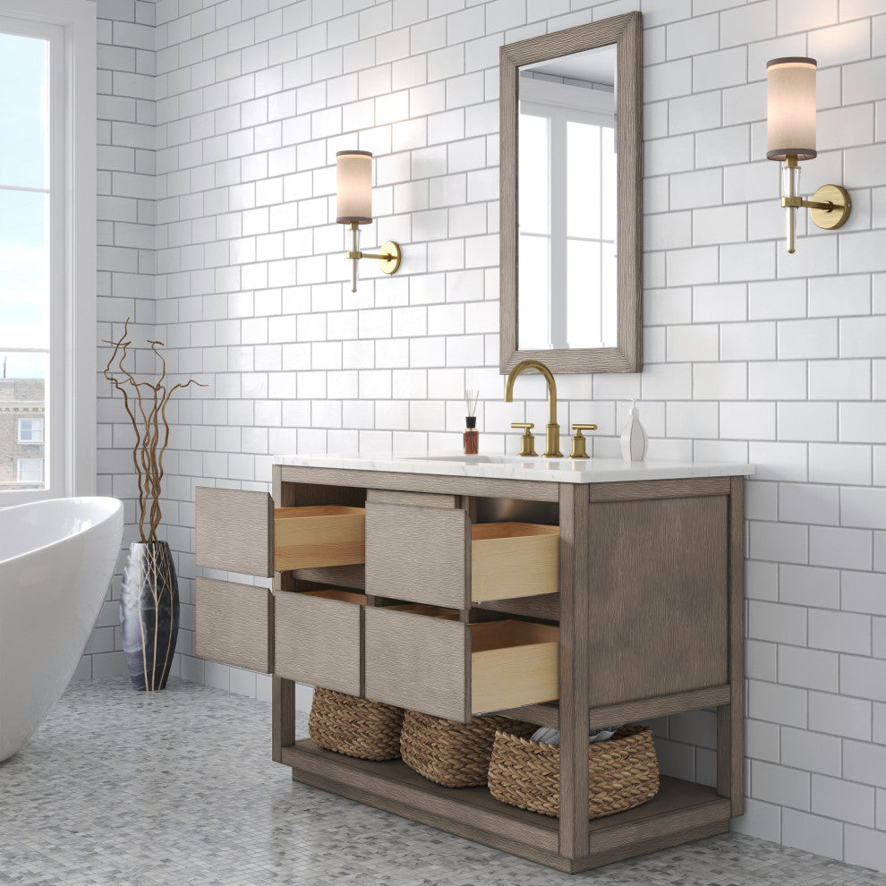 Oakman Marble Top Vanity in Grey Oak with Faucet, 48", Vanity With Satin Gold Faucet