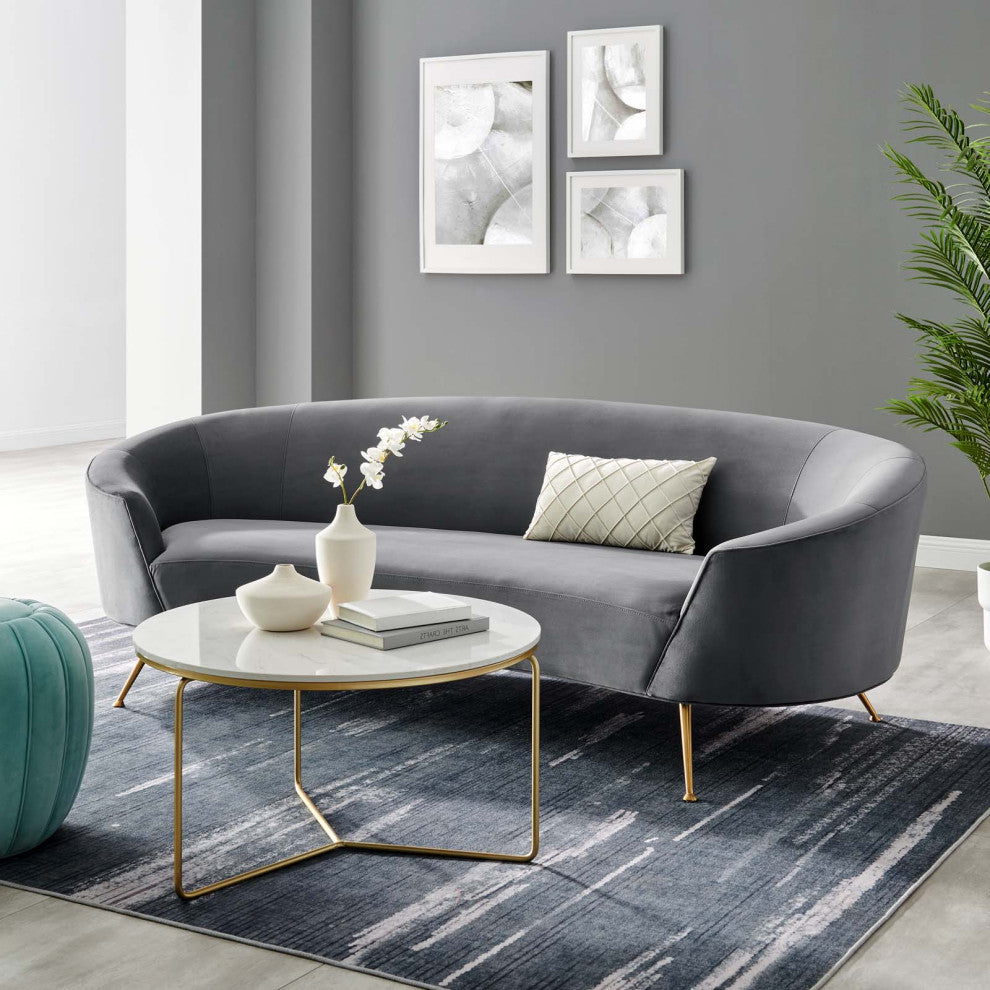 Sofa, Gray, Velvet, Modern, Mid Century Living Hotel Lounge Cafe Lobby