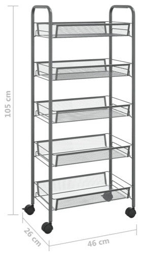 vidaXL 5-Tier Kitchen Trolley Storage Utility Cart with Mesh Baskets Gray Iron