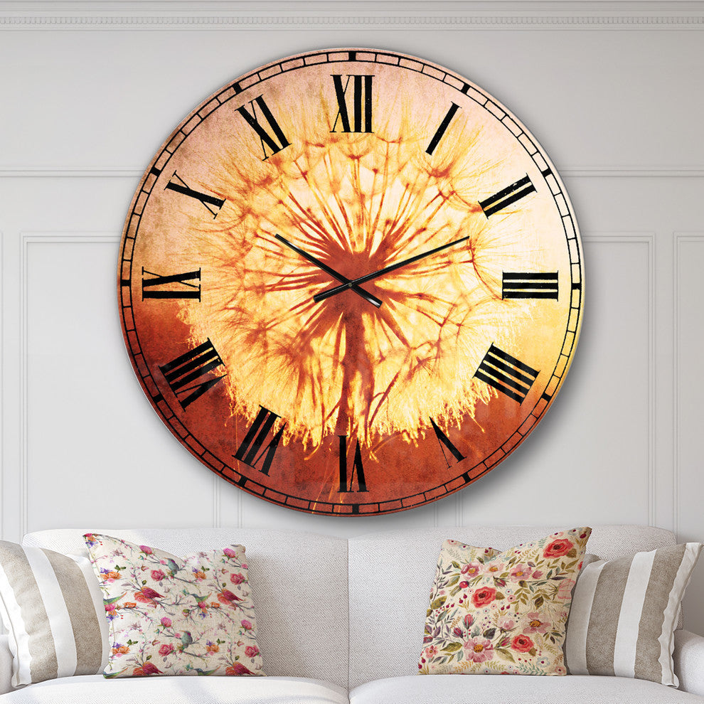 Blossom Dandelion Flower On Brown Flower Large Wall Clock, 36x36