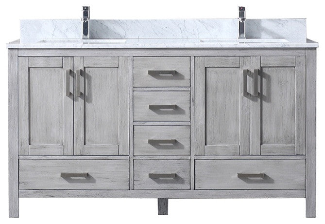 60" Distressed Gray Double Vanity, White Marble Top, White Sinks, No Mirror