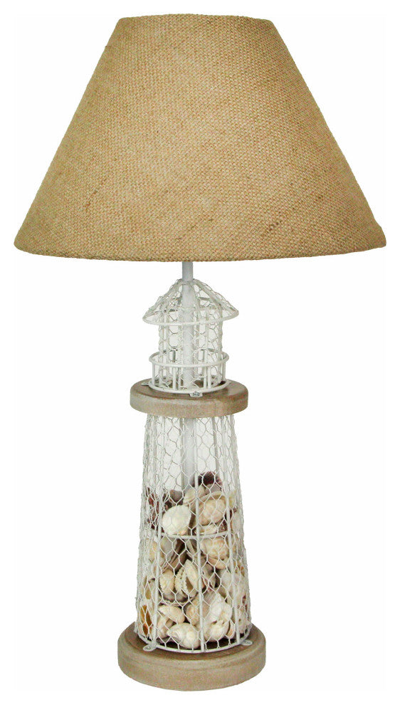 White and Grey Metal Mesh Seashell Filled Lighthouse Table Lamp with Cone Shade