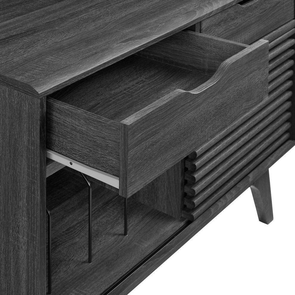 Vinyl Record Side Table Cabinet Stand, Charcoal Gray, Wood, Mid Century