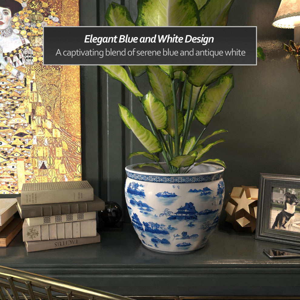 14" Landscape Blue and White Porcelain Fishbowl