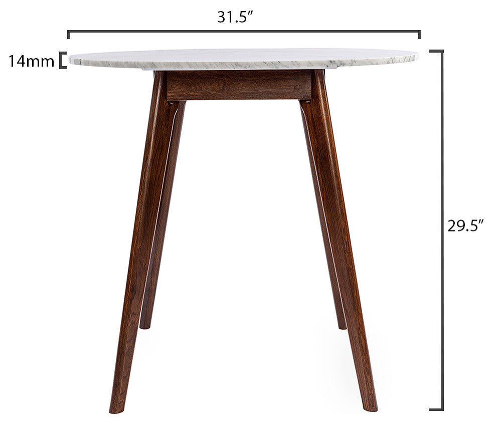 Avella 31" Round Italian Carrara White Marble Dining Table With Walnut Legs