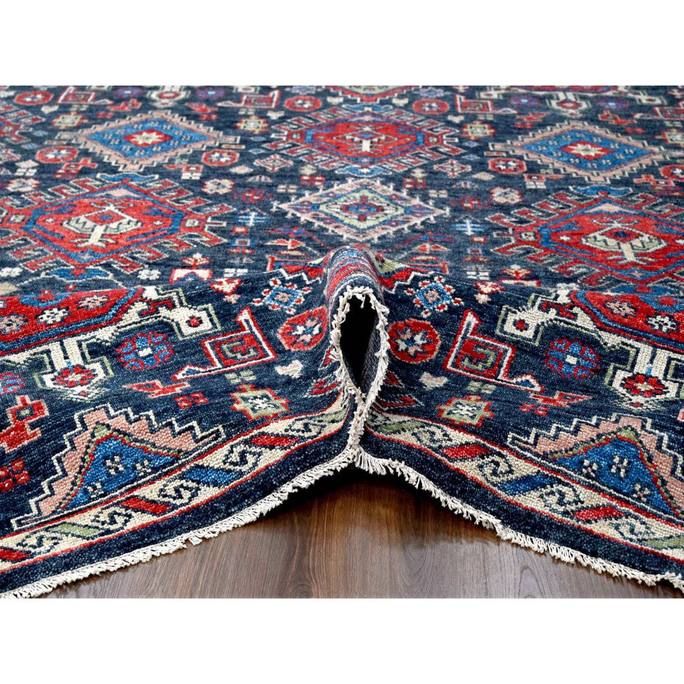 Charcoal Black Geometric Design Pure Wool Hand Knotted Oversized Rug 12'x14'10"