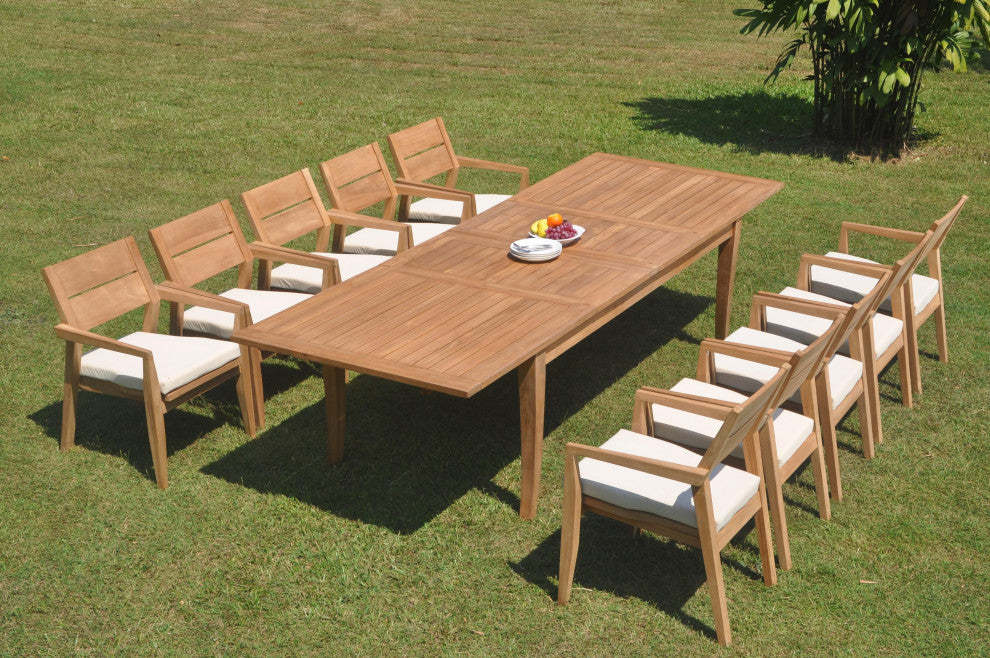 11-Piece Outdoor Teak Dining 122" X-Large Rectangle Table 10 Celo Stacking Chair