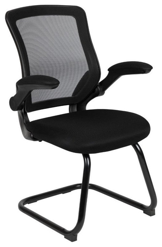 Black Mesh Sled Base Side Reception Chair With Flip-Up Arms