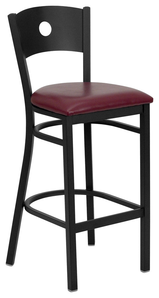 Black Circle Back Metal Restaurant Barstool, Burgundy Vinyl Seat